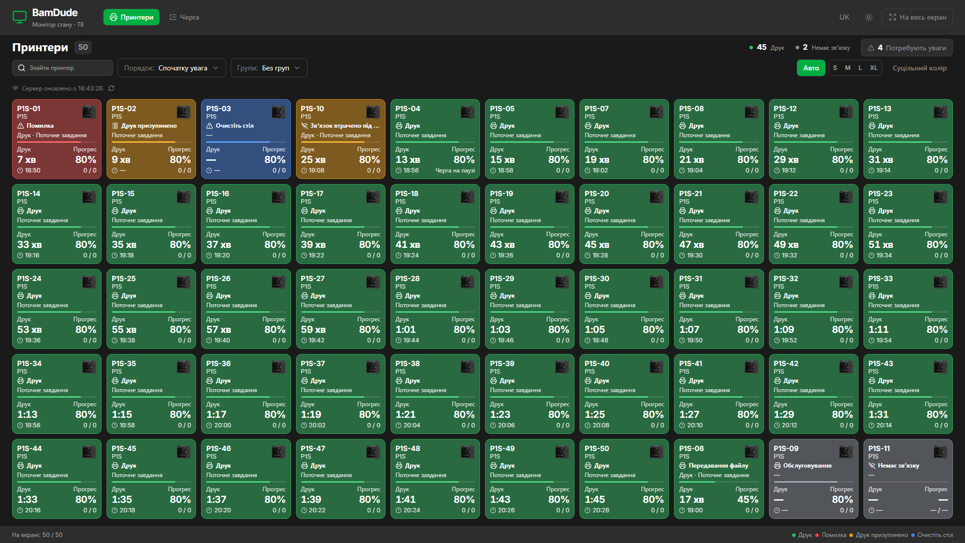 Status monitor showing 50 printer tiles, including errors, pauses and prints in progress